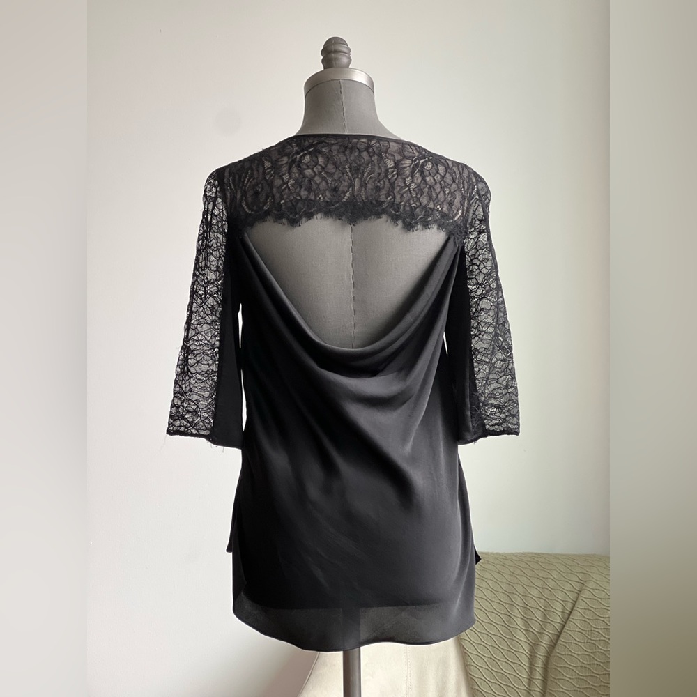 BCBG Satin and Lace Open-back Blouse NWOT